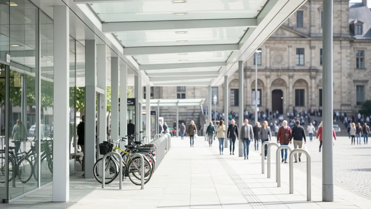 Image générique d'un pôle d'échanges multimodal moderne avec des espaces ouverts et une façade de bâtiment en pierre.