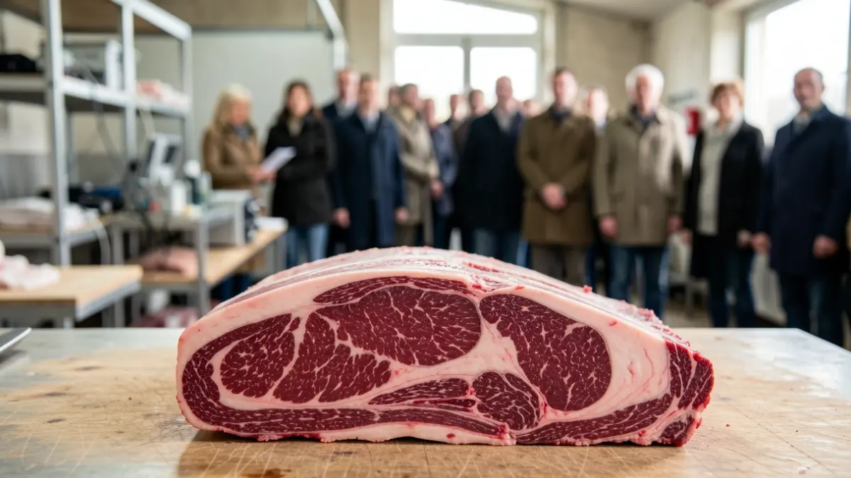 Gros plan d'une carcasse de boeuf avec persillage visible, sur une table de boucher, avec un arrière-plan flou de ferme ou de laboratoire.