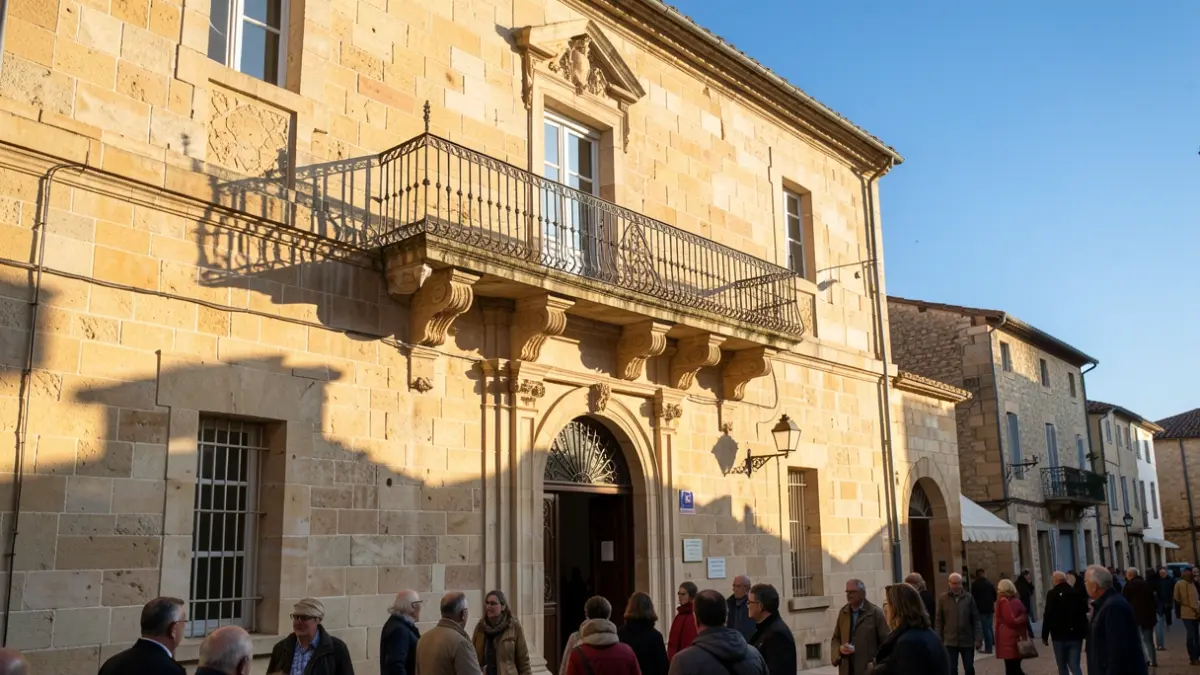 Facade of a Nouvelle-Aquitaine stone town hall with an ornate balcony and iron railings, bathed in warm afternoon sunlight.