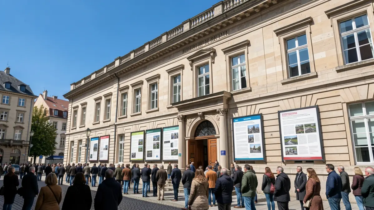 Image générique d'une façade de bâtiment public avec des panneaux d'information à l'entrée, sous un ciel bleu clair.