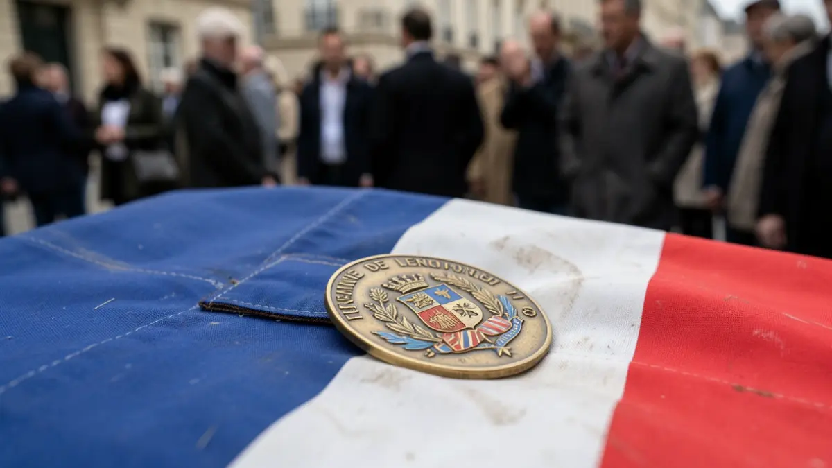 French Legion of Honour medal on a folded French flag.