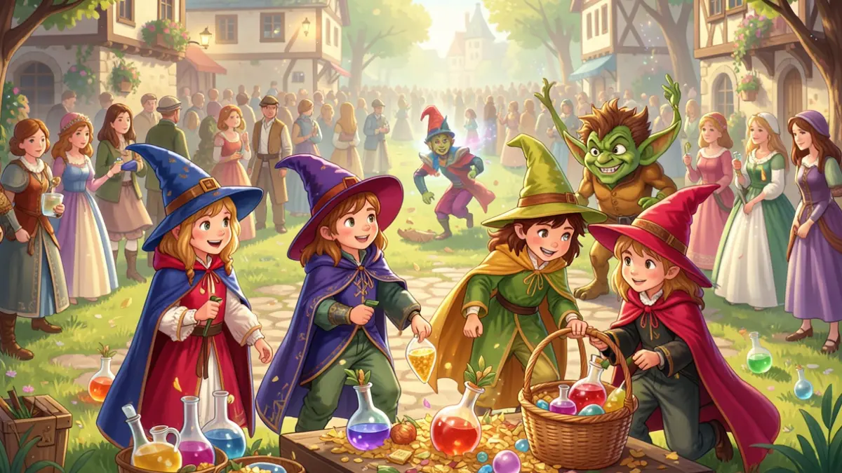 Image générique d'enfants déguisés en sorciers cherchant des ingrédients magiques dans un décor féerique.