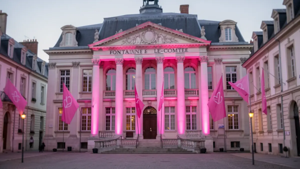 Facade of the Fontaine-le-Comte town hall illuminated in pink for Breast Cancer Awareness Month.