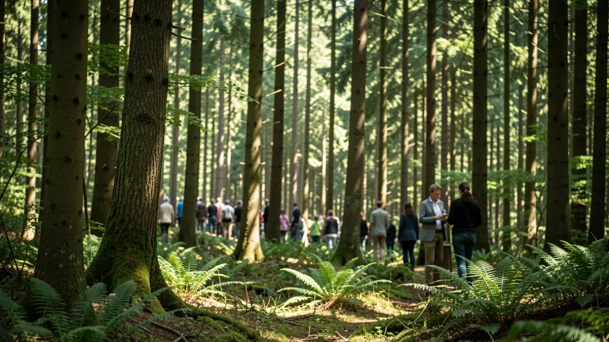 Image générique d'une forêt européenne dense avec des rayons de soleil filtrant à travers les arbres.