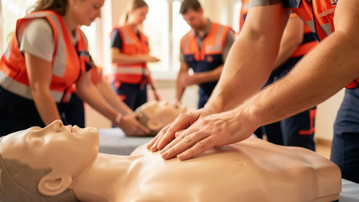 Generic image of first aid training, showing hands practicing CPR on a dummy.
