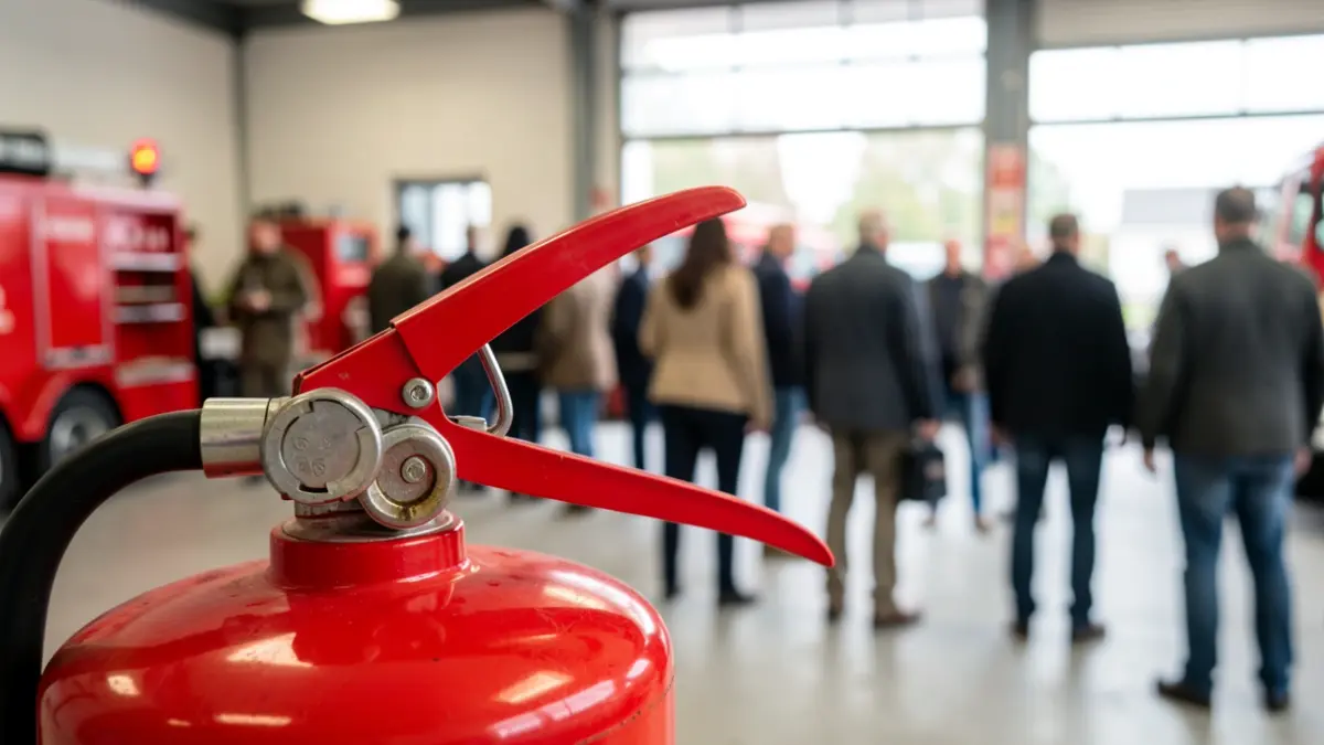 Gros plan sur la lance d'un extincteur rouge dans une caserne de pompiers.