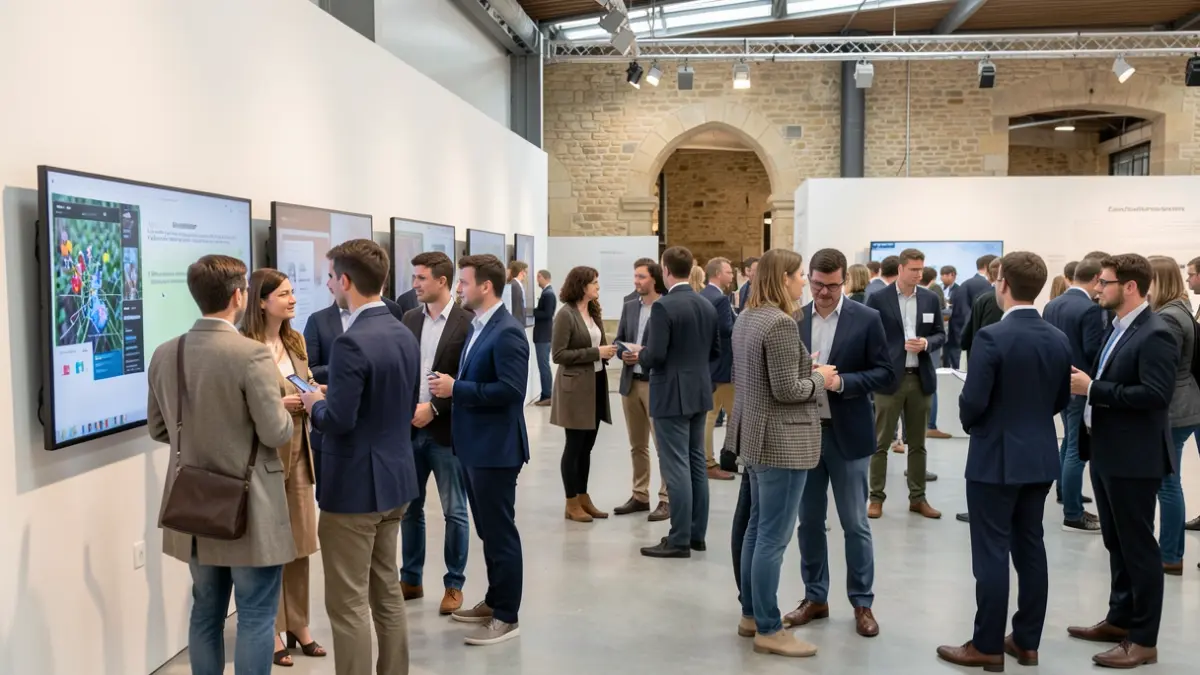 Generic image of a diverse crowd at a professional fair, with interactive displays and company representatives.