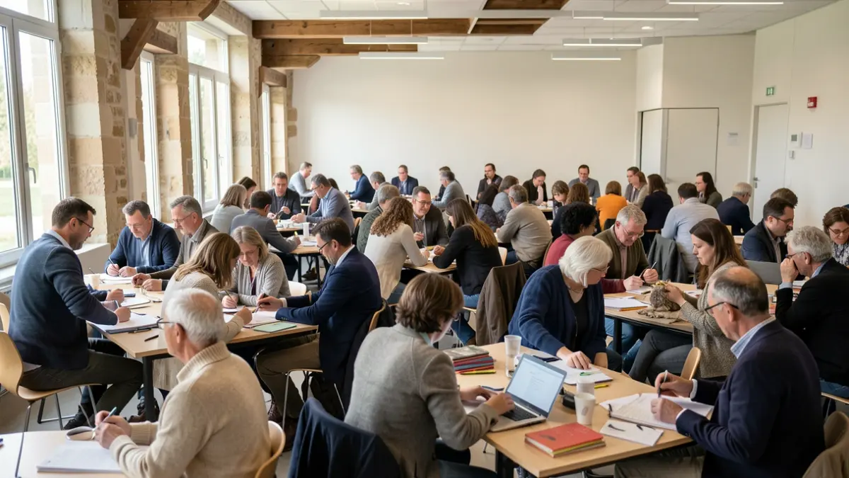 Image générique de participants à un forum sur l'Économie Sociale et Solidaire (ESS) en Nouvelle-Aquitaine, échangeant et travaillant ensemble dans une salle de conférence.