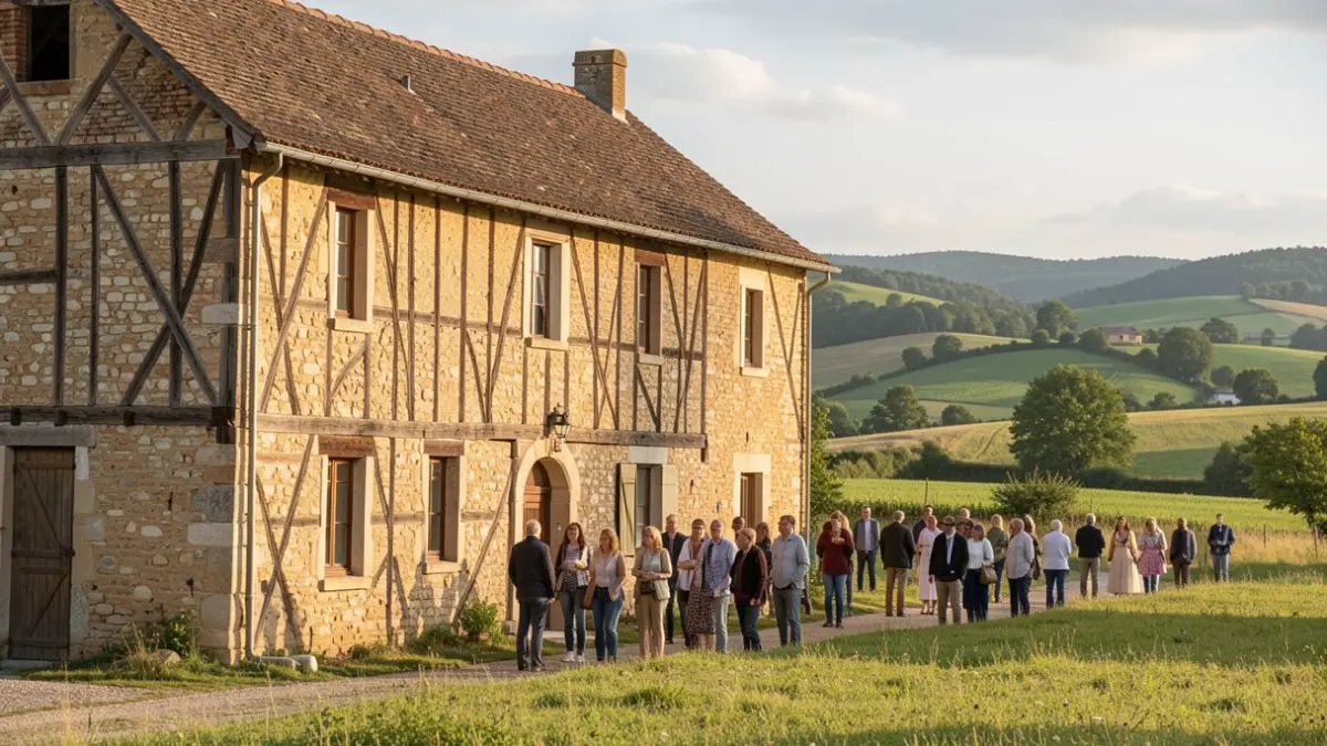 Image générique de la façade d'un bâtiment rural traditionnel en pierre avec colombages, dans la région Nouvelle-Aquitaine.