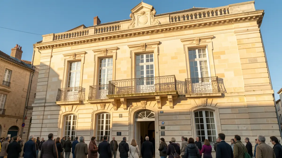 Image générique de la façade d'un hôtel de ville en Nouvelle-Aquitaine, en pierre claire avec balcon et rambardes en fer forgé, sous le soleil de l'après-midi.