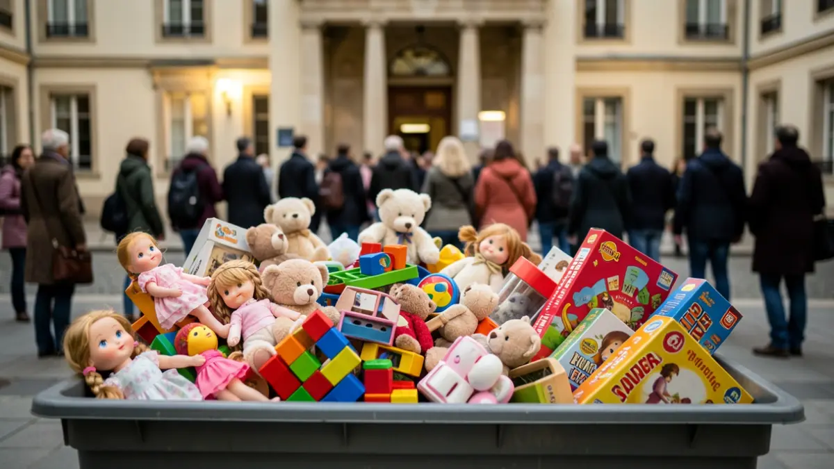 Generic image of a collection bin filled with various toys, in front of a town hall facade.