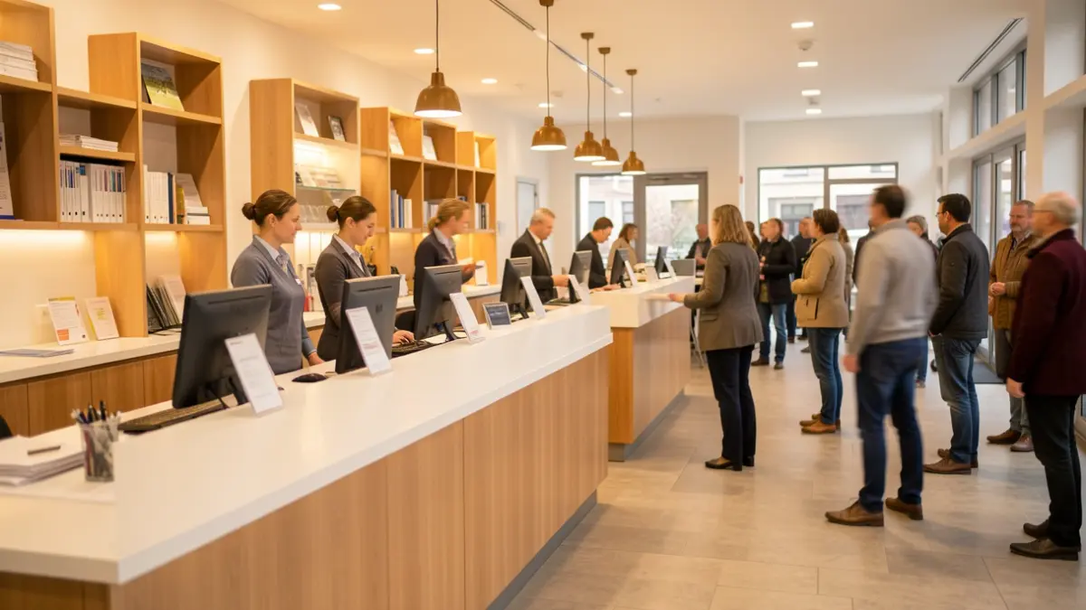 Generic image of a service center with a counter and advisors assisting visitors.