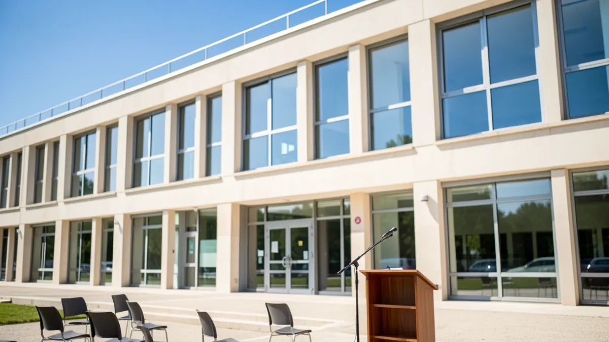 Generic image of a modern university facade with a lectern and microphone.