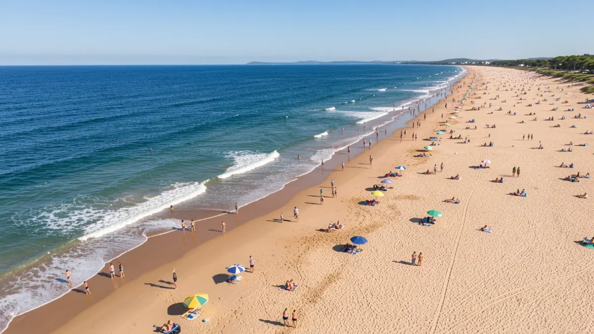Image générique d'une plage océane de Nouvelle-Aquitaine avec des parasols dispersés sous un ciel bleu.