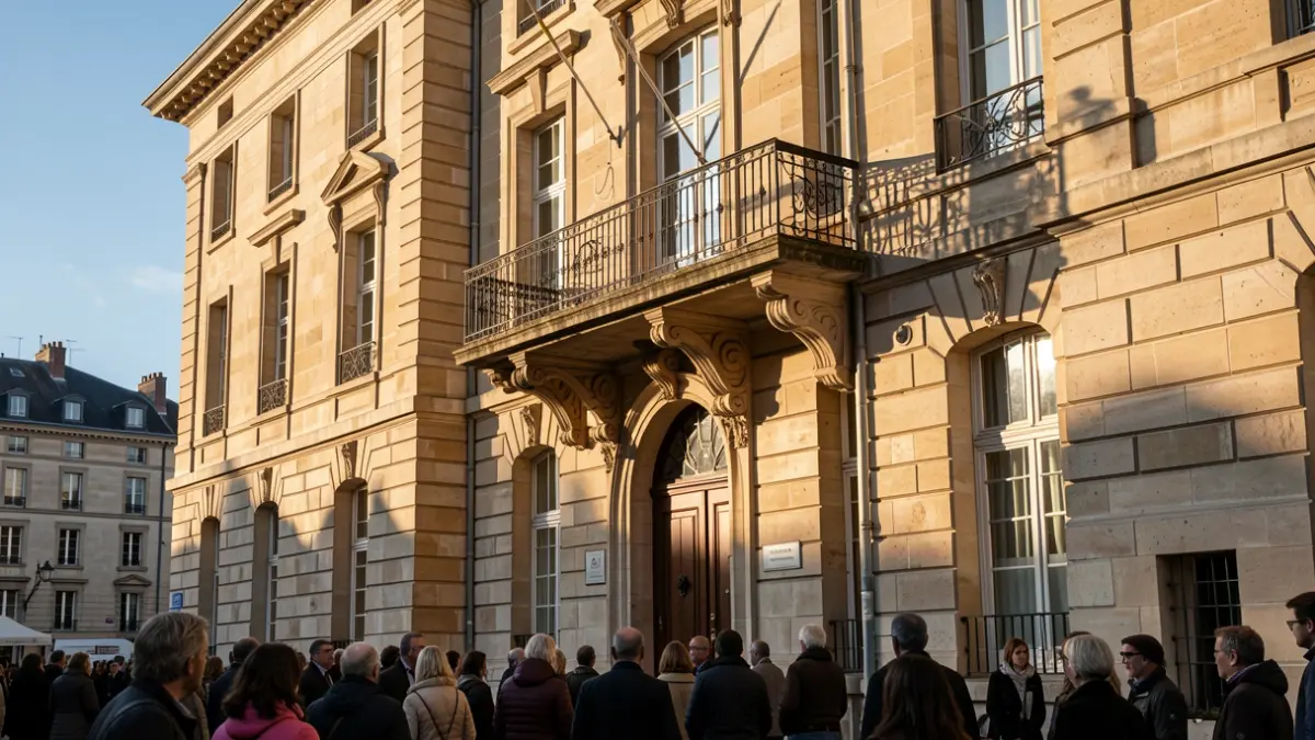 Generic image of a Nouvelle-Aquitaine town hall stone facade with ornate balcony and iron railings, warm afternoon light, blue sky.