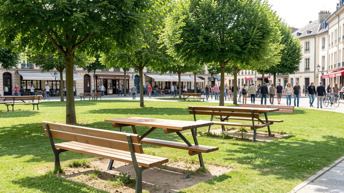 Generic image of park benches and picnic tables in a public park.