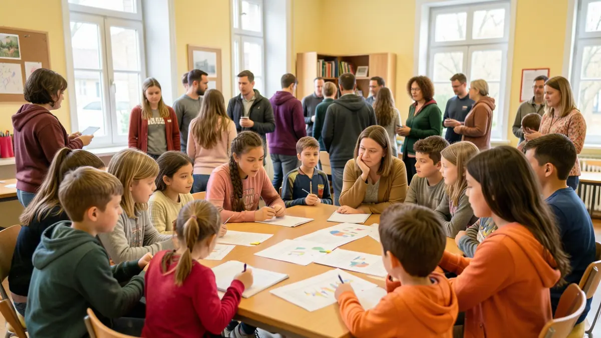 Image générique d'une réunion communautaire dans une salle des fêtes, avec des enfants et des adultes discutant autour d'une table.