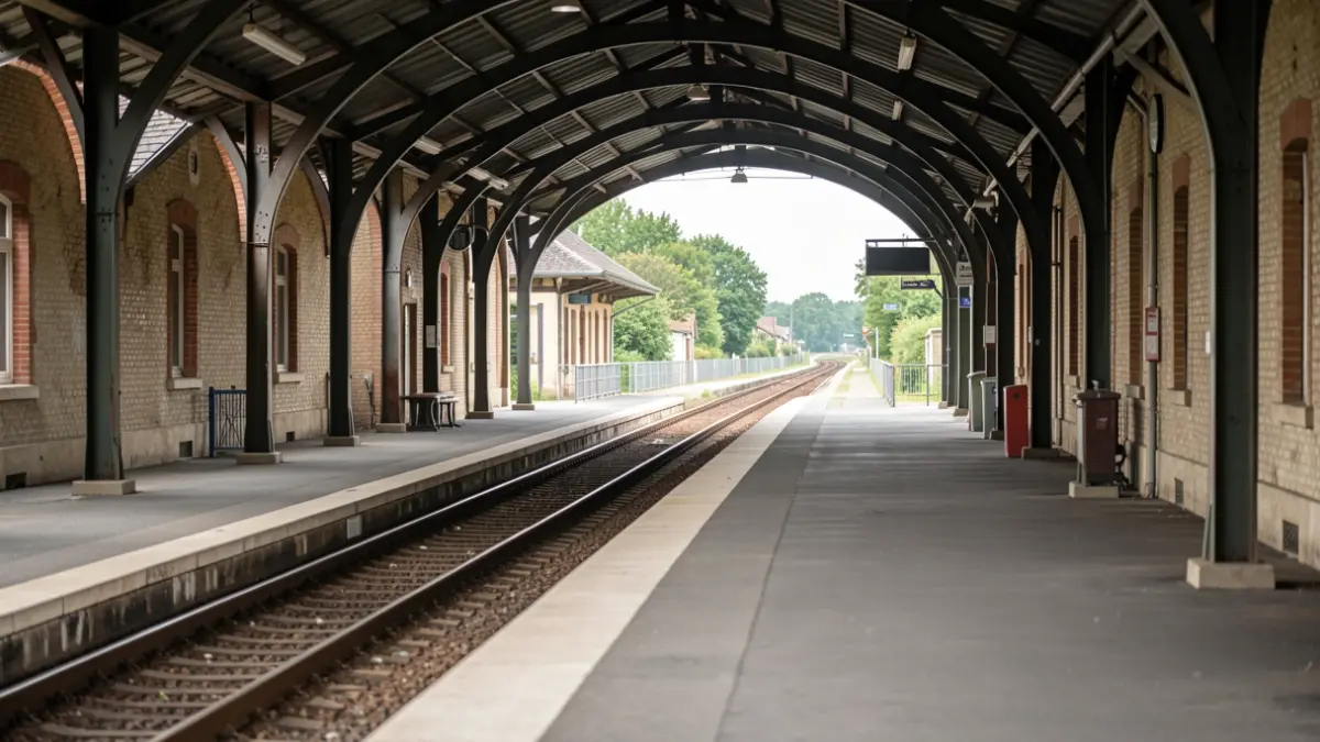 Generic image of an empty railway station platform with tracks extending into the distance under a canopy. Soft daylight.