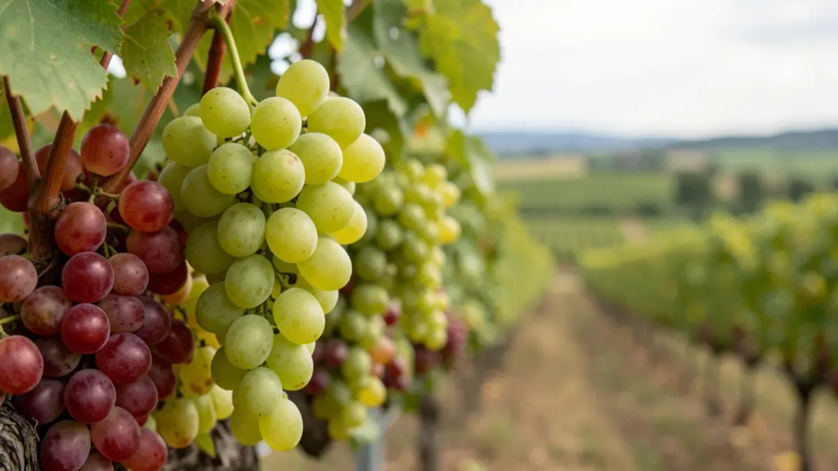 Image générique de grappes de raisins de table mûrs sur une vigne, avec des rangées de vignes floues à l'arrière-plan.