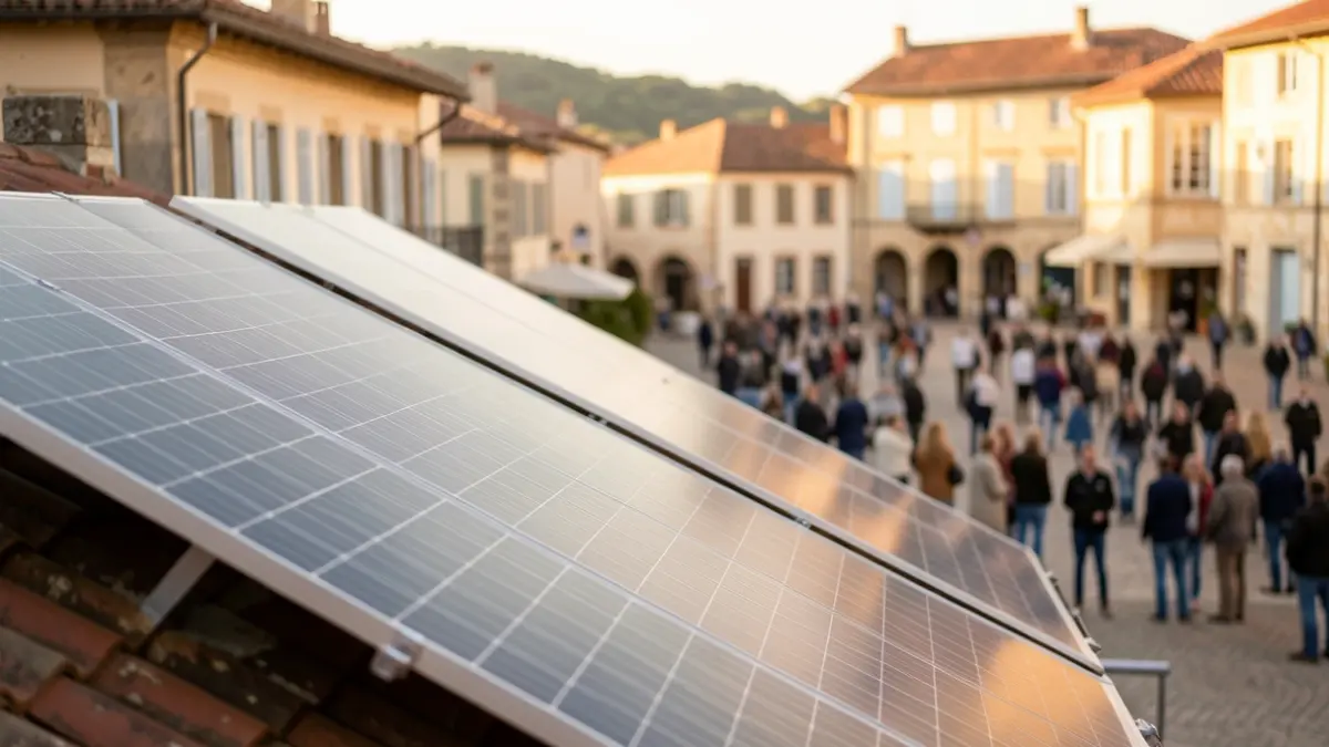 Image générique de panneaux solaires sur le toit d'un bâtiment public, avec un arrière-plan flou d'une place de ville en Nouvelle-Aquitaine. Lumière chaude de l'après-midi, style photographie documentaire.