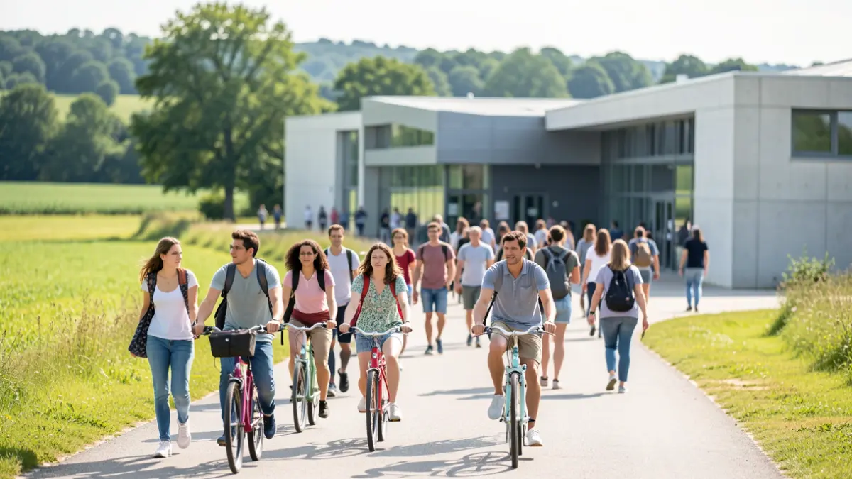 Generic image of schoolchildren going to school by bike or on foot in a Nouvelle-Aquitaine landscape.