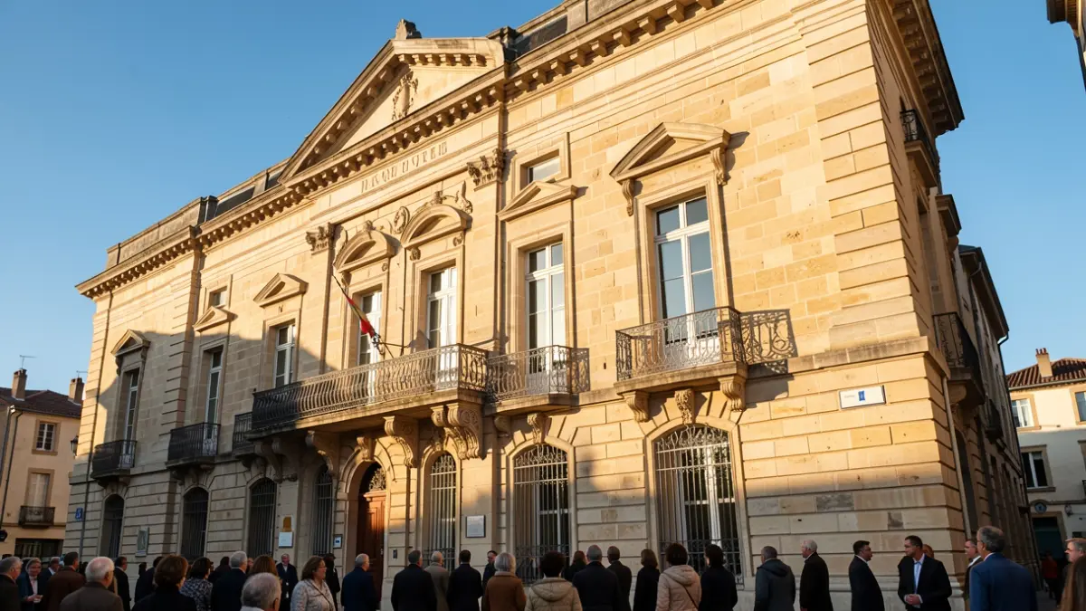 Image générique de la façade en pierre d'un hôtel de ville de Nouvelle-Aquitaine avec balcon orné et balustrade en fer forgé, lumière chaude de l'après-midi.