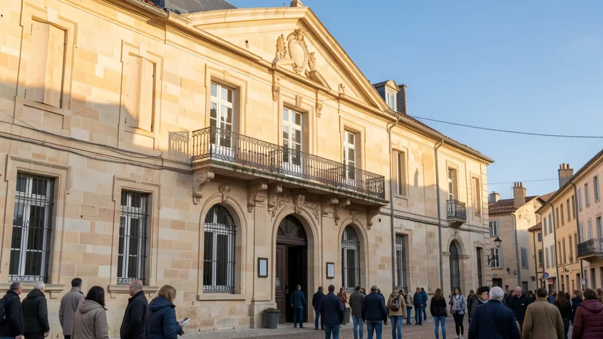 Generic image of a traditional French town hall facade made of light stone, with a balcony and blue sky.