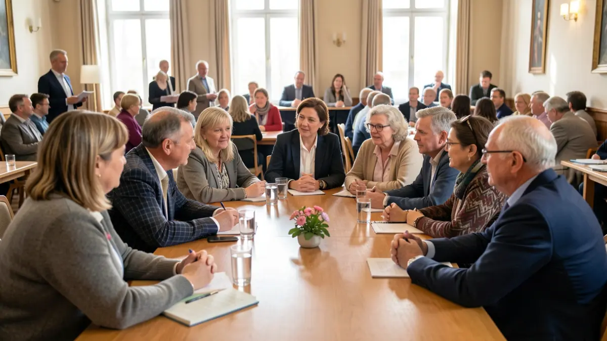 Image générique de citoyens participant à une réunion de quartier dans un hôtel de ville.