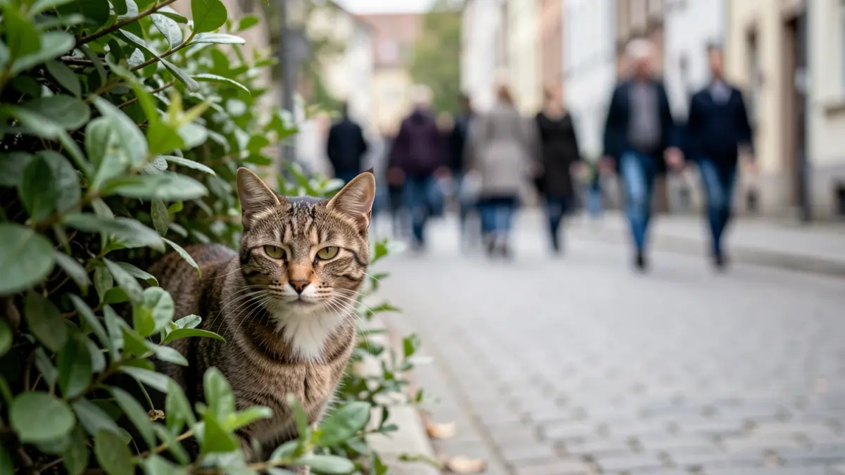 Generic image of a stray cat hiding behind a bush in a residential street.