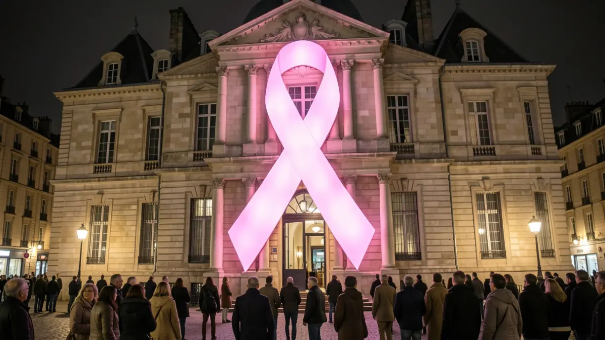 Stone town hall facade illuminated in pink for October Rose.