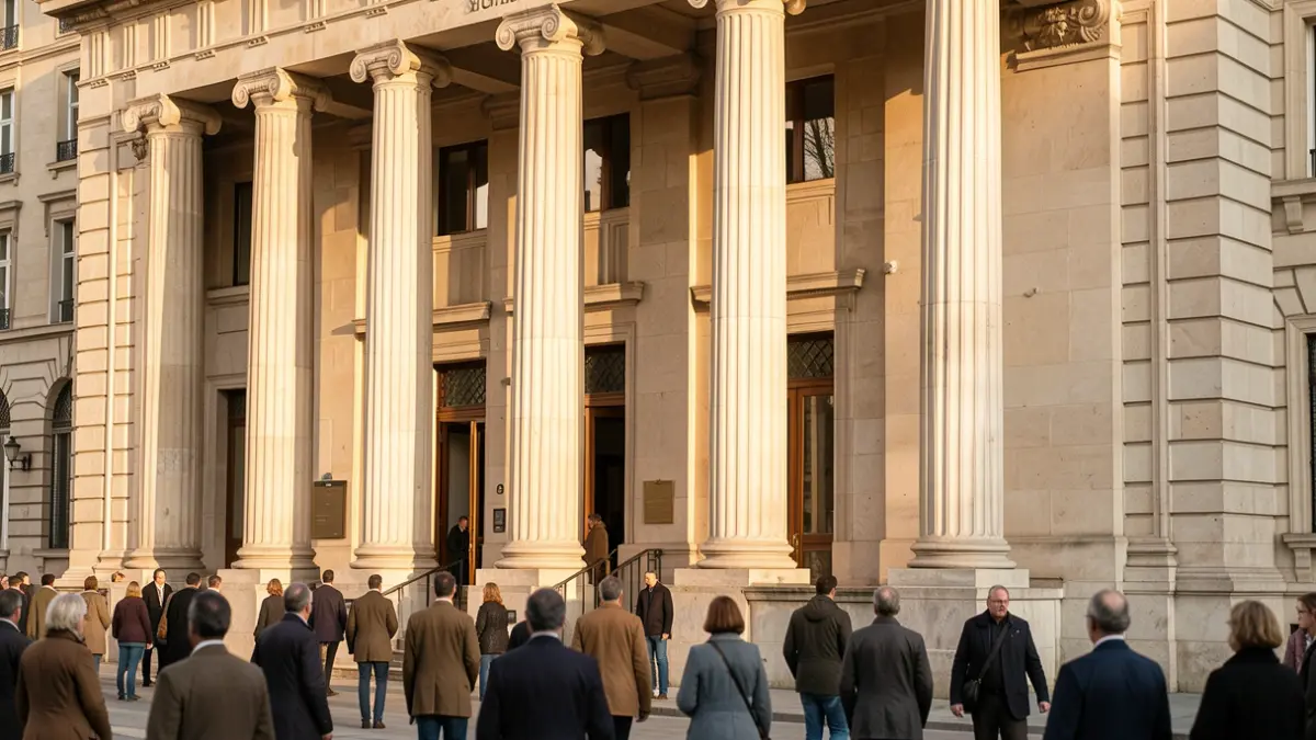 Image générique d'une façade de bâtiment officiel avec des colonnes, sous le soleil de l'après-midi.
