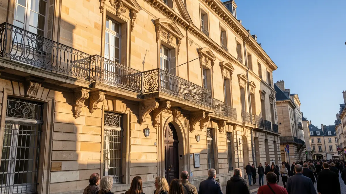 Façade en pierre d'un hôtel de ville de Nouvelle-Aquitaine avec balcon orné et balustrade en fer forgé, soleil d'après-midi chaud projetant des ombres sur les murs en grès, ciel bleu.