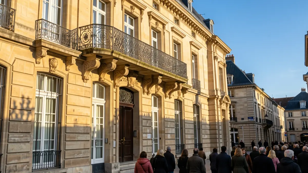 Façade en pierre d'une mairie de Nouvelle-Aquitaine avec balcon orné et balustrade en fer forgé, soleil d'après-midi chaud projetant des ombres sur les murs en grès, ciel bleu.