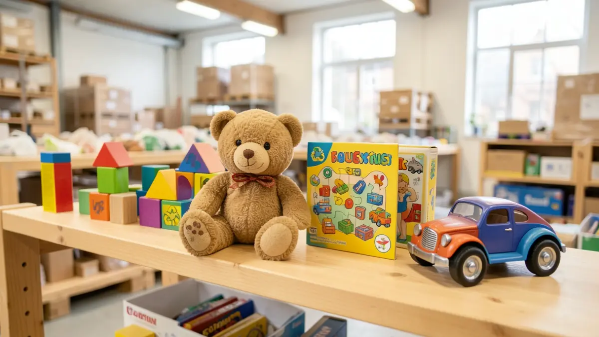 Image générique de jouets d'occasion triés dans un centre de recyclage.