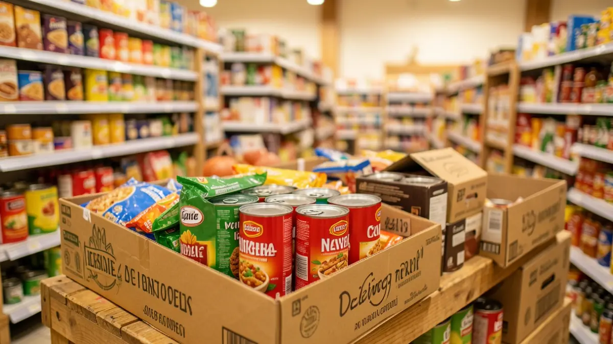 Generic image of food donation boxes and non-perishable food items.