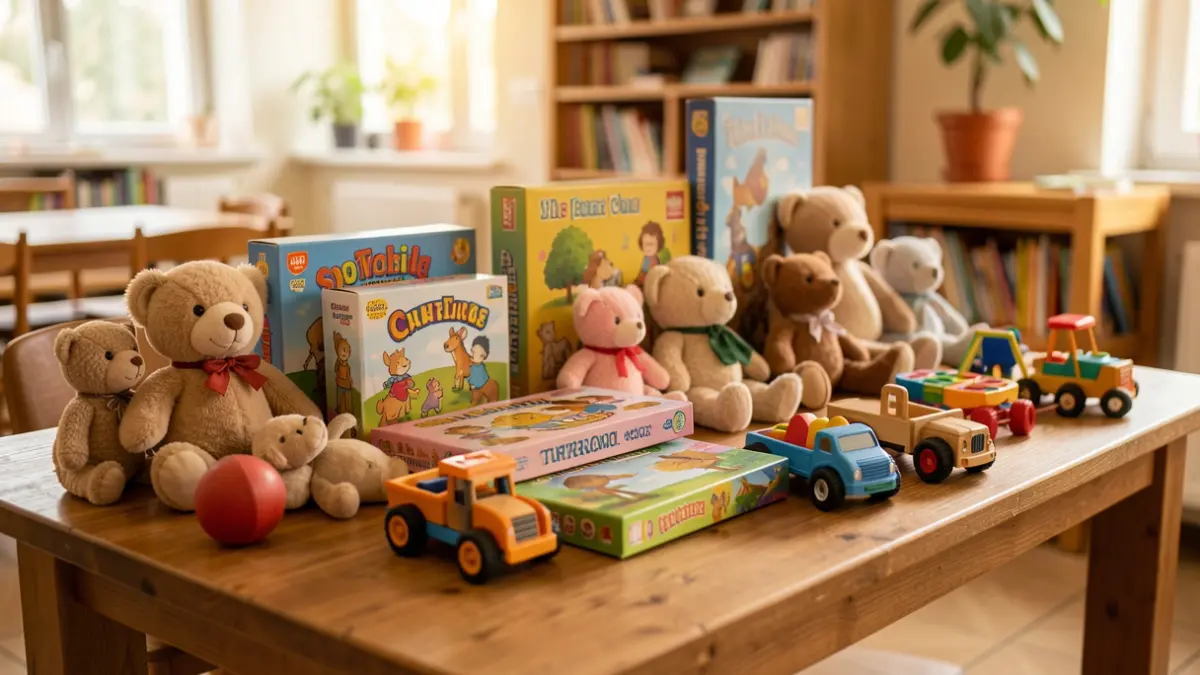 Generic image of various toys neatly arranged on a wooden table, in a warm atmosphere.