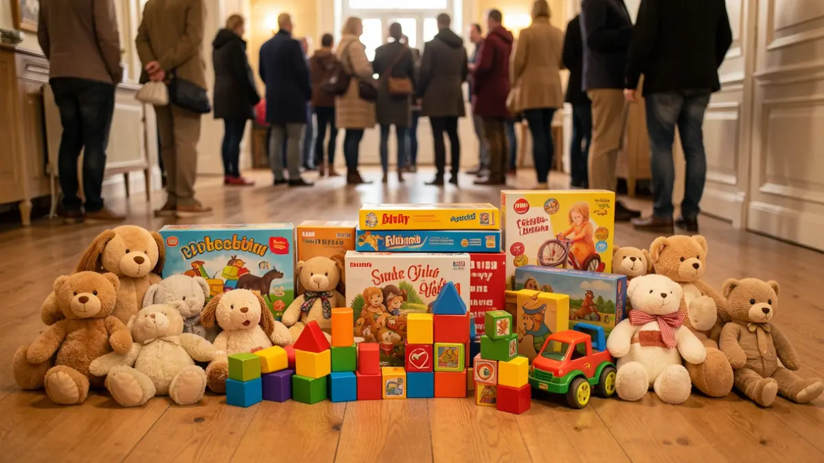 Generic image of various children's toys, including stuffed animals, building blocks, and board games, arranged on a wooden floor.