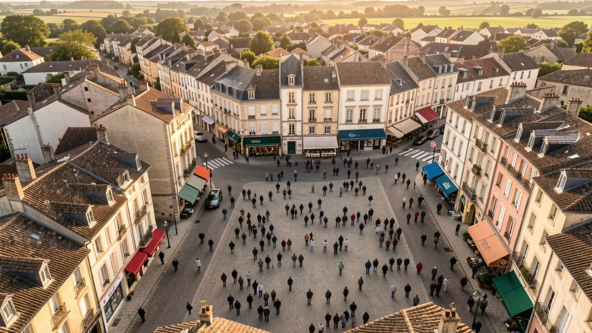 Generic image of a French town center with residential and commercial buildings, aerial view in the afternoon sun.
