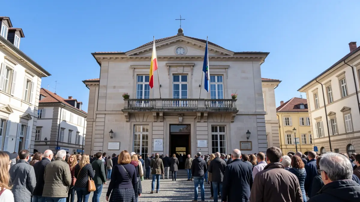 Generic image of a town hall facade with a balcony and flags, under a clear blue sky.