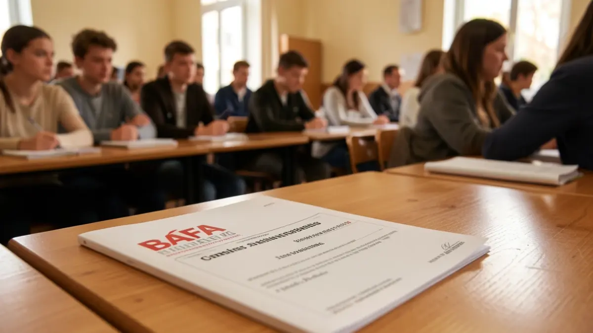 Image générique de manuels de formation BAFA/BAFD sur un bureau, avec un arrière-plan flou de jeunes adultes en salle de classe.