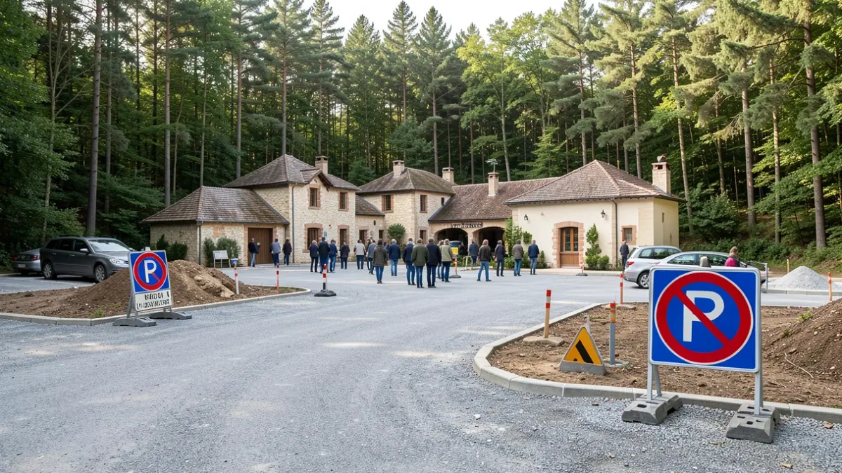 Generic image of parking lot renovation work in a forest, with barriers and signs indicating parking restrictions.