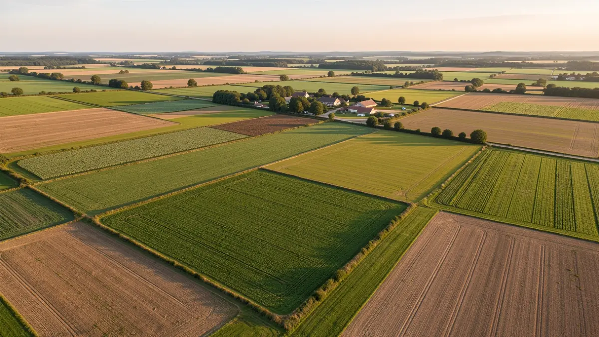 Generic image of agricultural plots seen from the sky in the Nouvelle-Aquitaine region, with a few farm buildings in the distance.