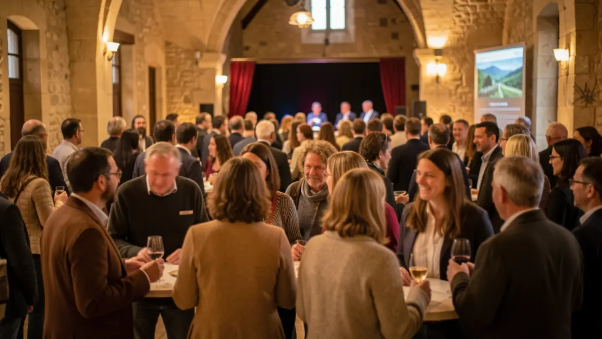 Generic image of a crowd at a business event, with soft lighting and a warm atmosphere.