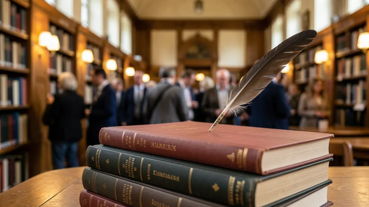 Image générique d'une pile de livres académiques avec une plume posée dessus, dans une bibliothèque universitaire.