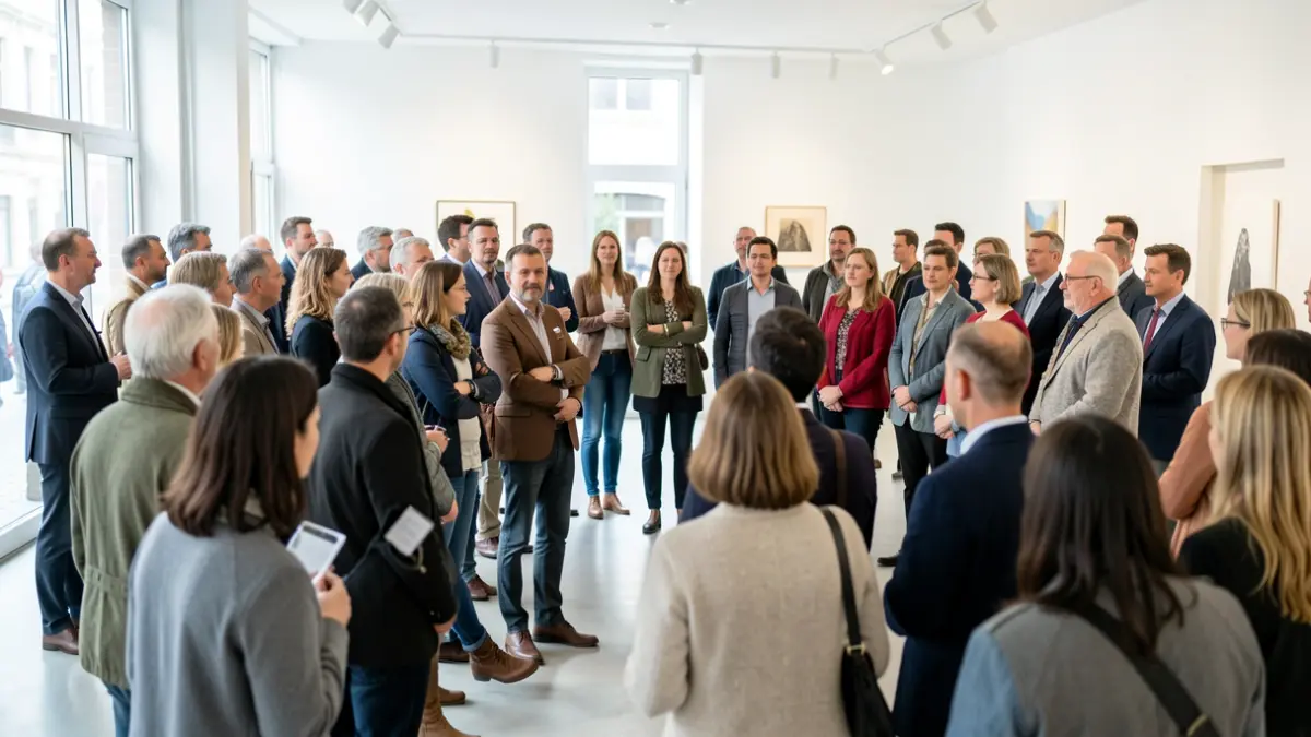 Image générique de personnes diverses écoutant attentivement dans un espace d'exposition.