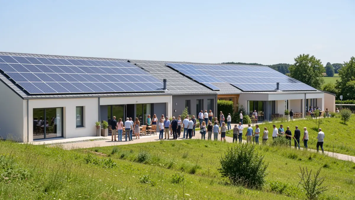 Generic image of modern community buildings with photovoltaic solar panels on the roof, in a green landscape.