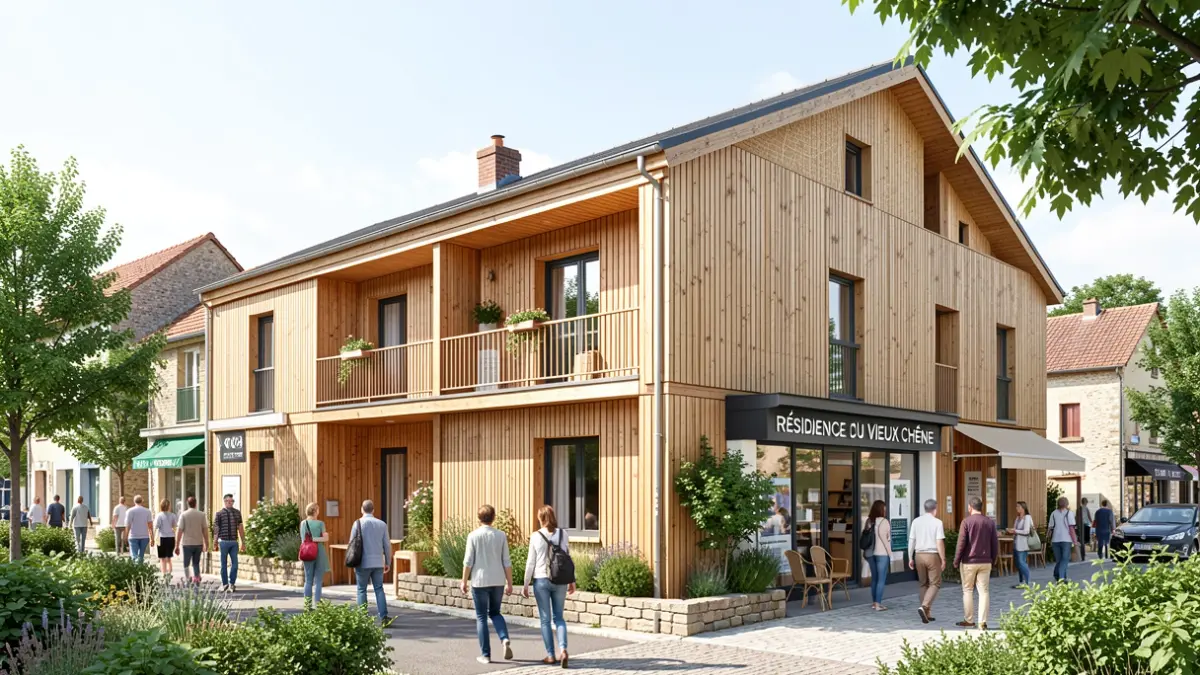 Generic image of the facade of a modern wooden residence, located in a village near small shops.