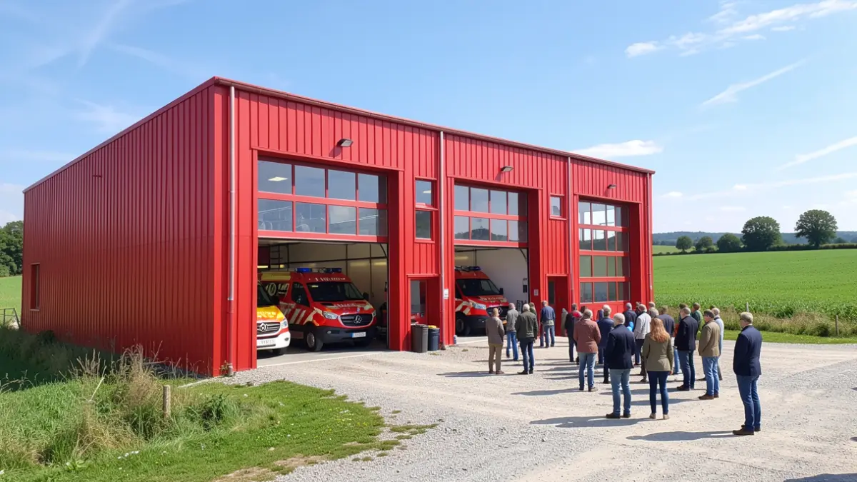 Image générique d'une caserne de pompiers moderne avec une façade rouge.