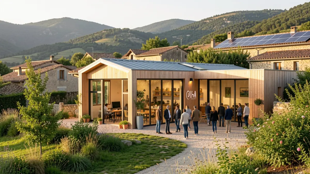 Façade du tiers-lieu Olha à Banca, un espace de coworking moderne et écologique en milieu rural.