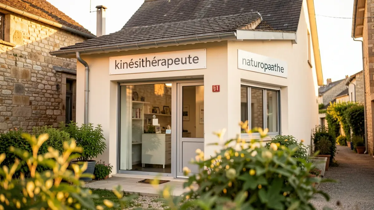 Image générique d'une façade de cabinet médical moderne dans un village français.
